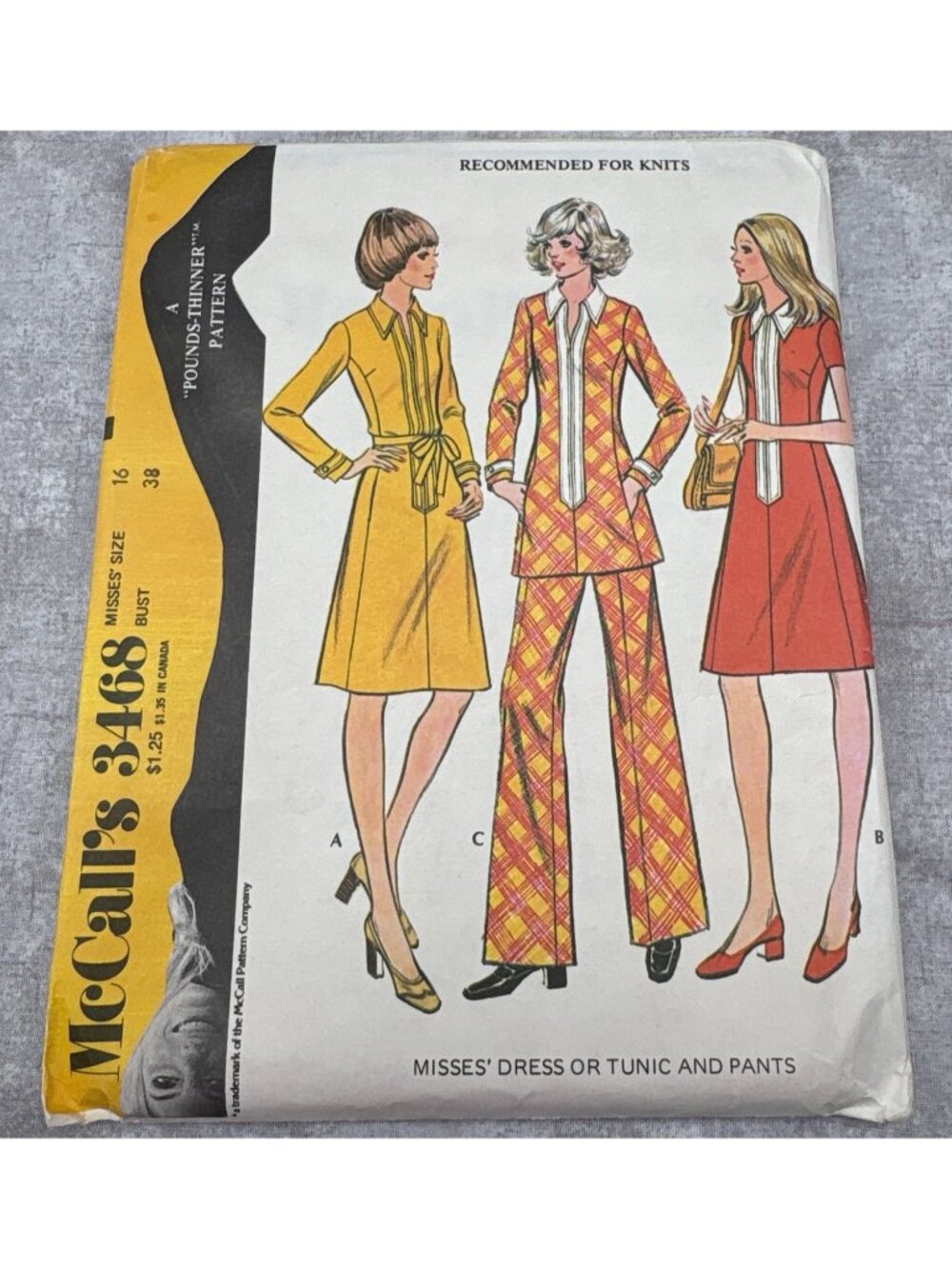 McCalls 3468 Misses Dress/Tunic Pants Sewing Pattern Size 16 Uncut 1972